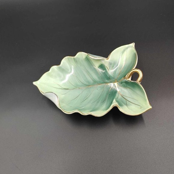 Vintage Norcrest Leaf Trinket Dish Candy Handpainted Green Leaf Gold Trim - Picture 3 of 11